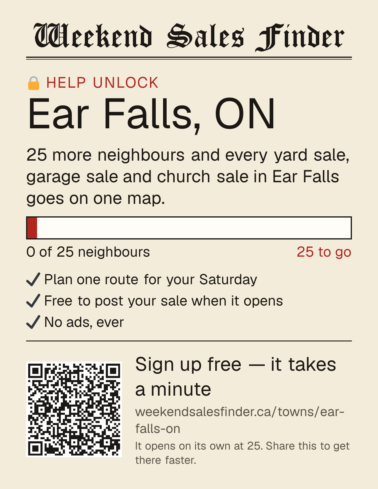 Printable poster for unlocking Ear Falls