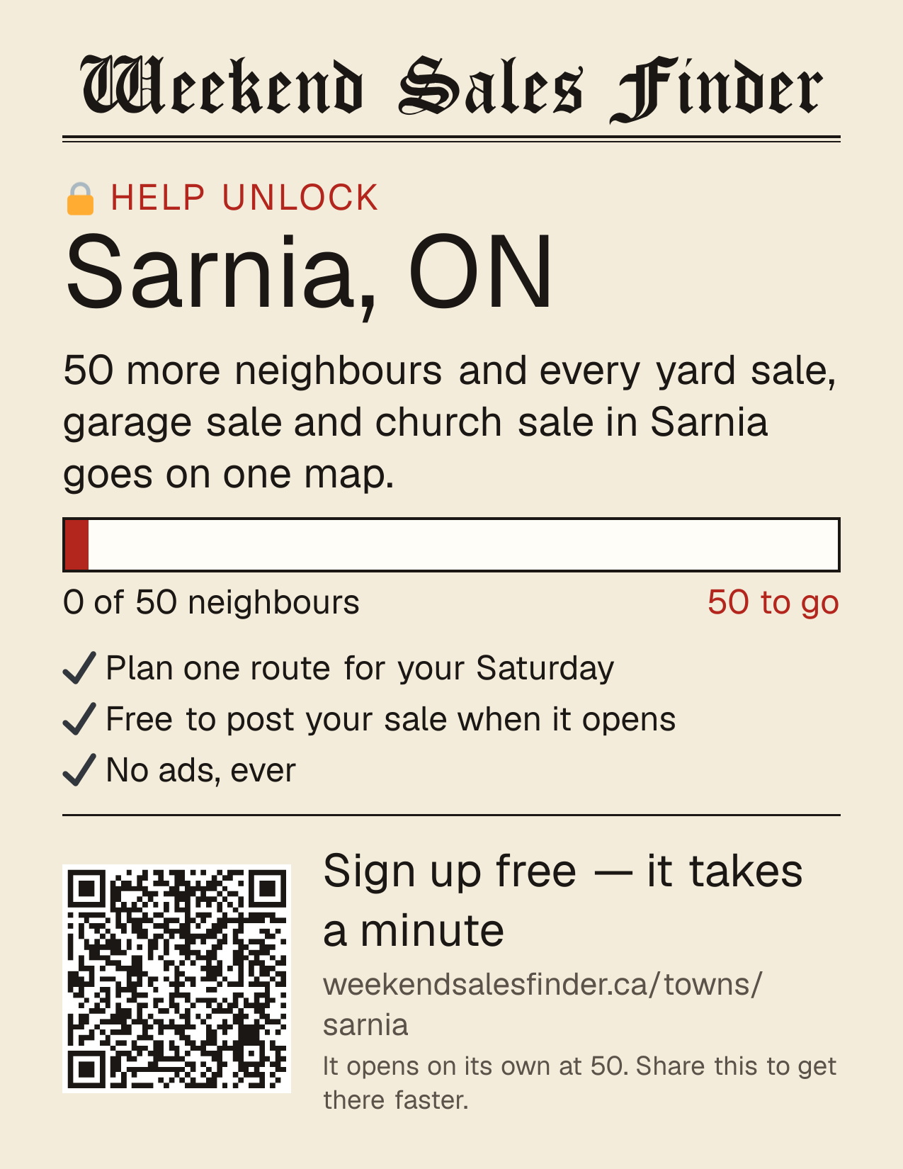 Printable poster for unlocking Sarnia