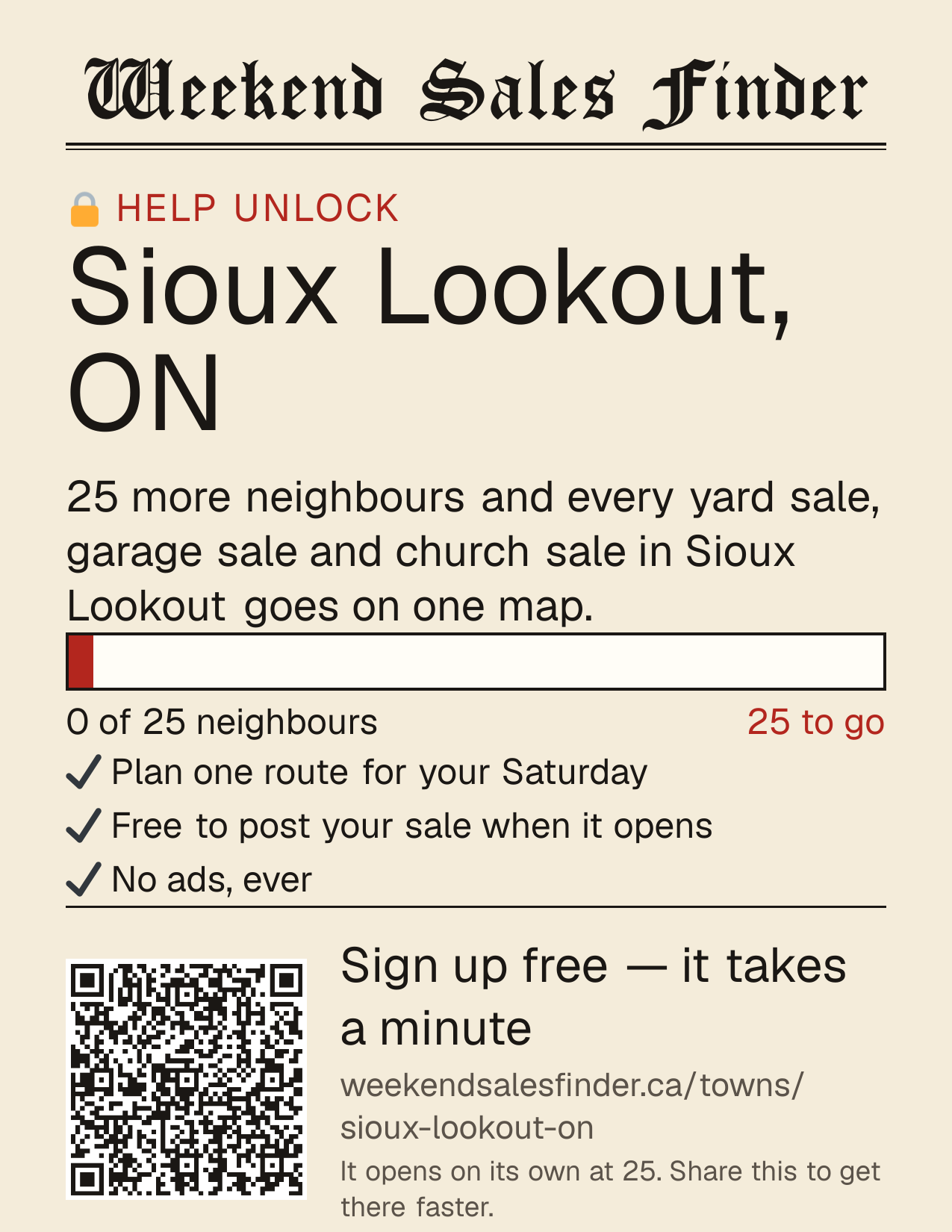 Printable poster for unlocking Sioux Lookout