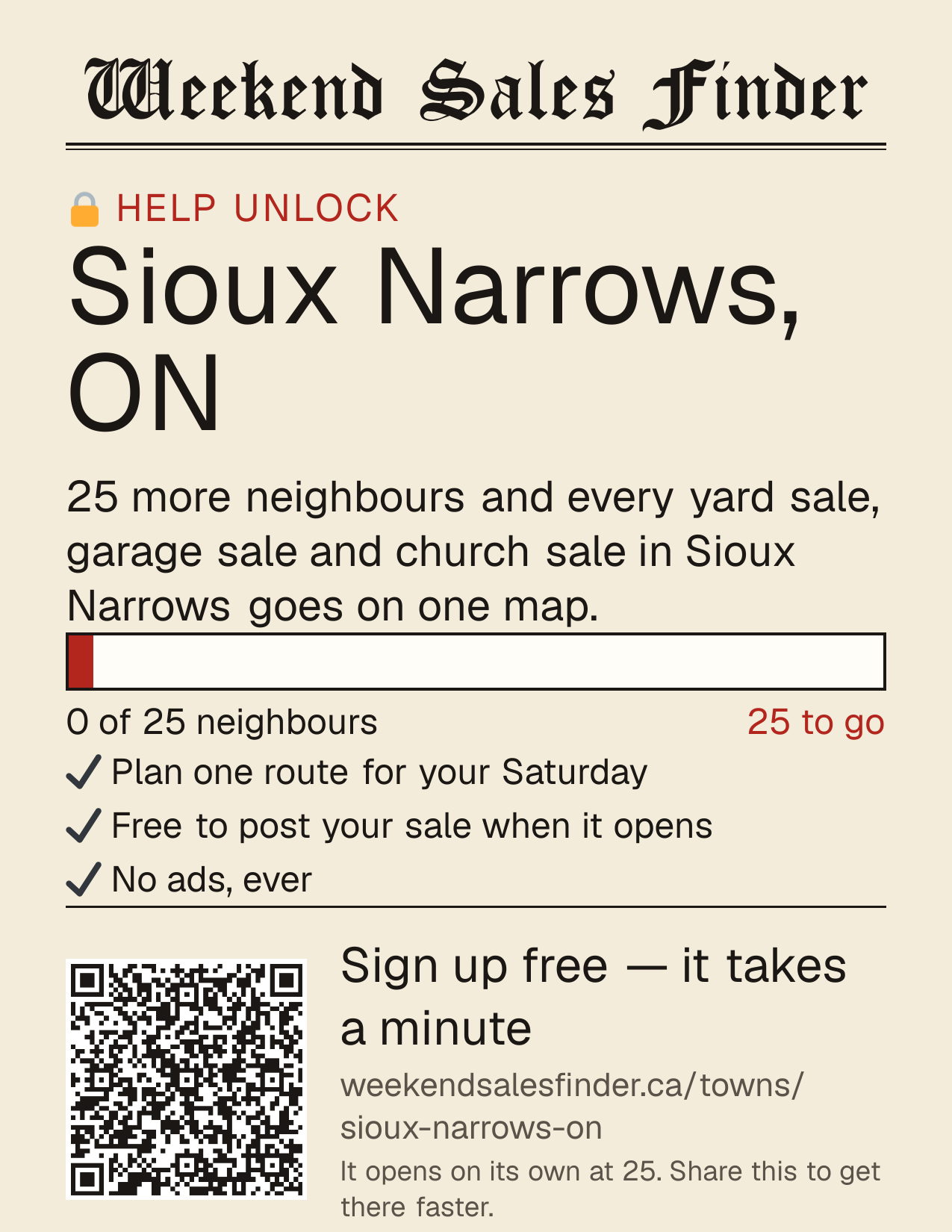 Printable poster for unlocking Sioux Narrows